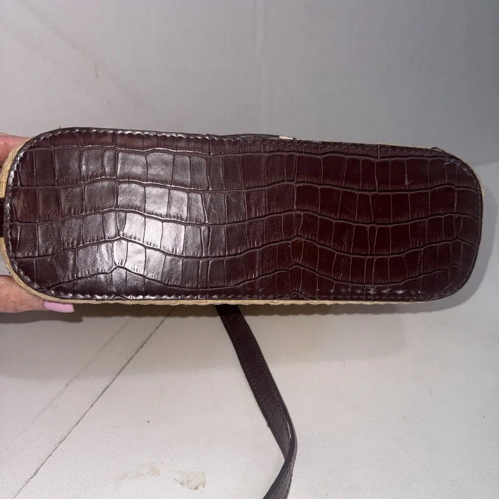 Vintage Brighton Style Y2K Handbag Brown Leather Hearts Trim Plaid Straw Purse